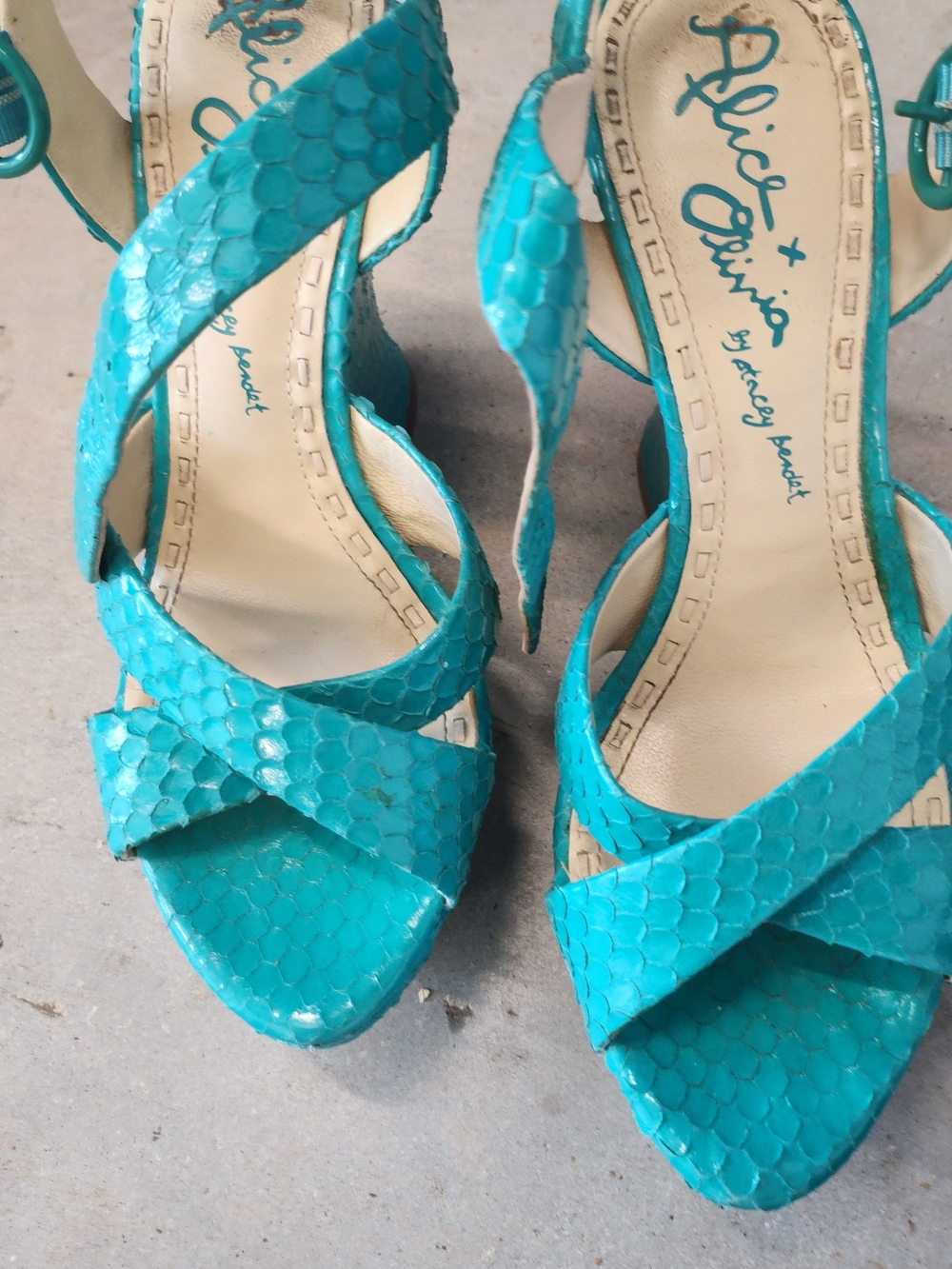 Alice + Olivia Turquoise Snake-Embossed Crisscross Strappy Heels